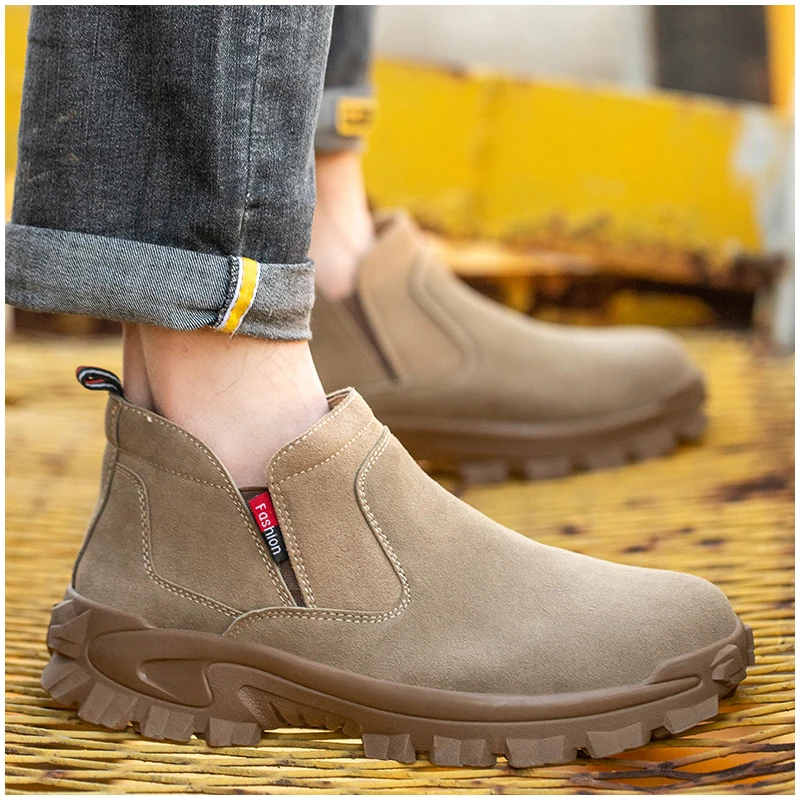 

men casual steel toe covers working safety boots slip-on welding shoes worker cow suede leather security ankle botas protective