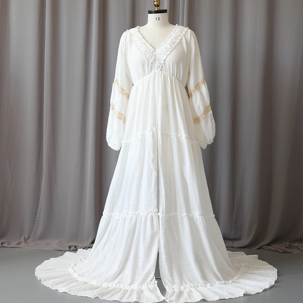 Boho Maxi Dress For Maternity Photo Shoot Elegant V Neck Ruffled Lantern Sleeves Flutter Style Linen Cotto Pregnancy Photography