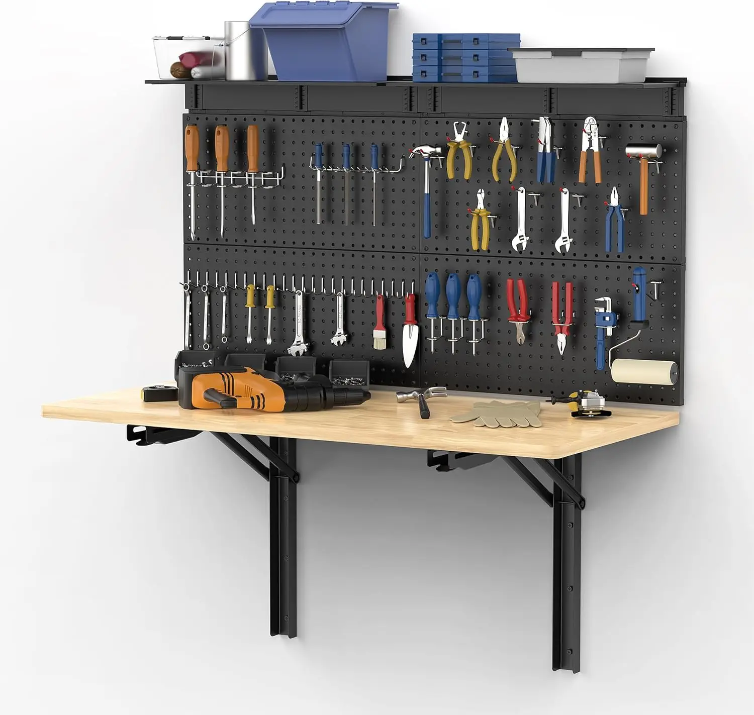 Wall Mounted Workbench Pegboard Folding Down Work Table Metal Pegboard Wall Organizer for Garage Workshop 48”X24”