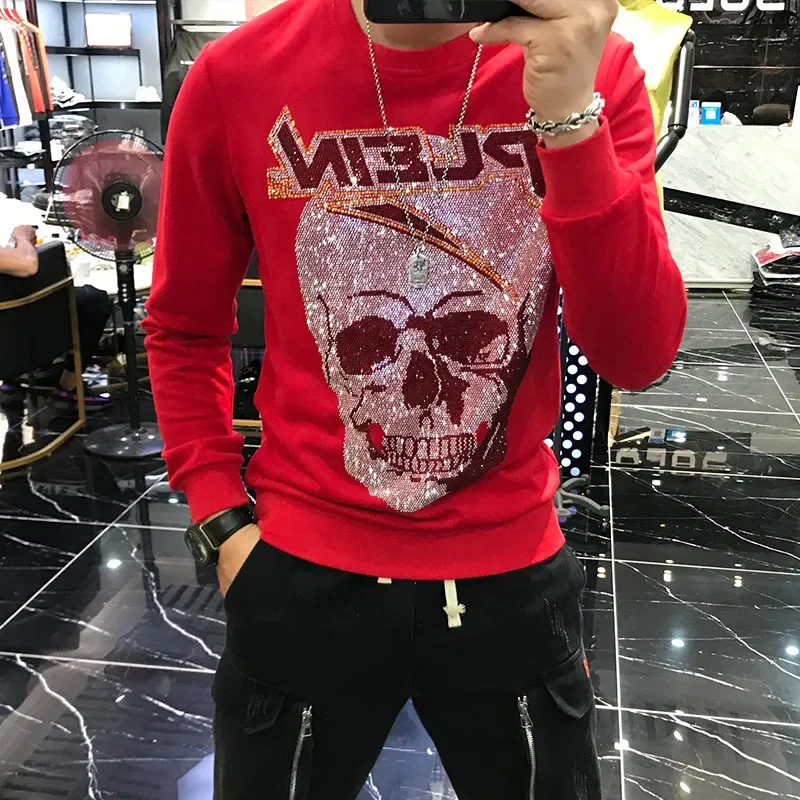 2024 Casual Sweatshirts Rhinestones Skulls Mens Hoodies Fashion Streetwear Autumn Hoodie Men Clothing Sweat Homme Ropa De Hombre