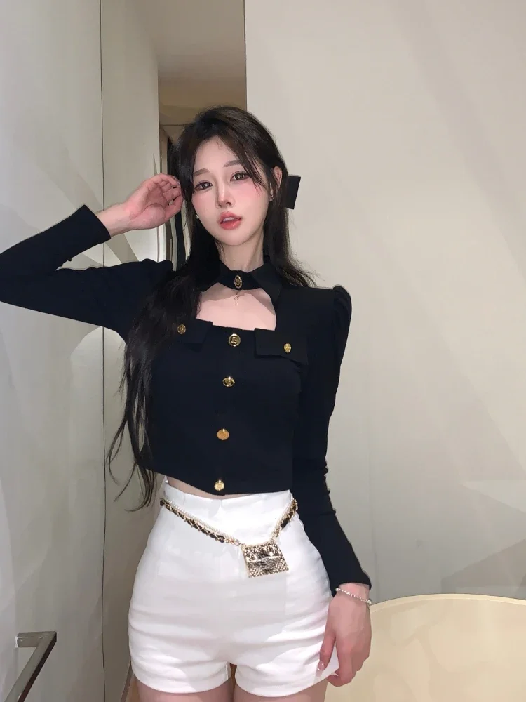 Sexy Puff Sleeve Y2k Knitted Cardigan Aesthetic Turn Down Collar Women Top 2023 Autumn Mini Single Breasted Solid Jumpers