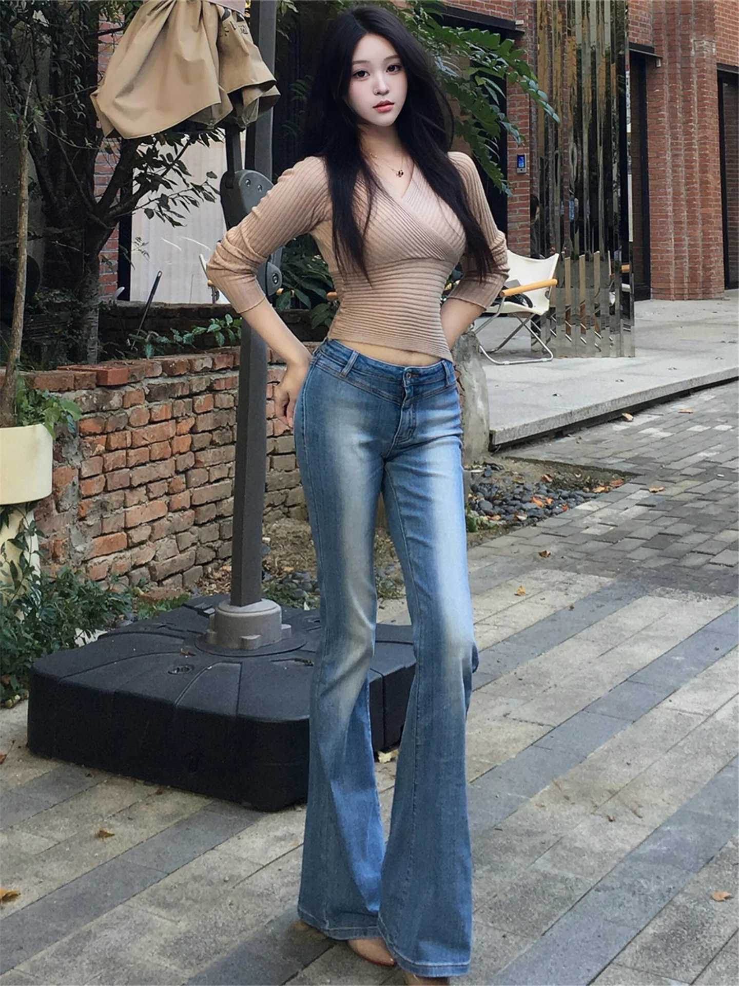 

American Street Style Light Blue mid Low Waist Flared Jeans Women's Spring Slimming Long Floor-Length Pants Casual Wash Cotto...