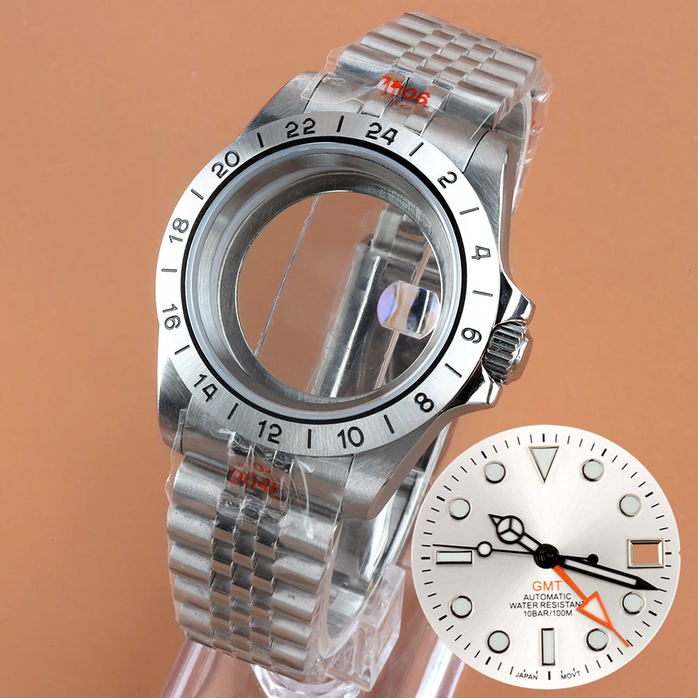 

39mm Silver Watch Case Stainless Steel Jubilee/Oyster Bracelet For Explore NH35 NH36 Movement 28.5mm Dial Hands Blue Luminous