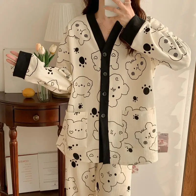 Pajama Sets Women Sleepwear Tender Print Warm Lovely Chic Autumn Clothing Korean Style Cozy All-match Students Home Creativity