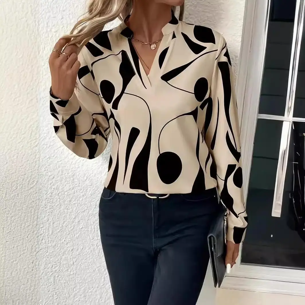 

Elegant Women's Geometric Print Shirt Long Sleeve Fashion Top Geometric Patterned Women's Shirt Stylish Printed Blouse