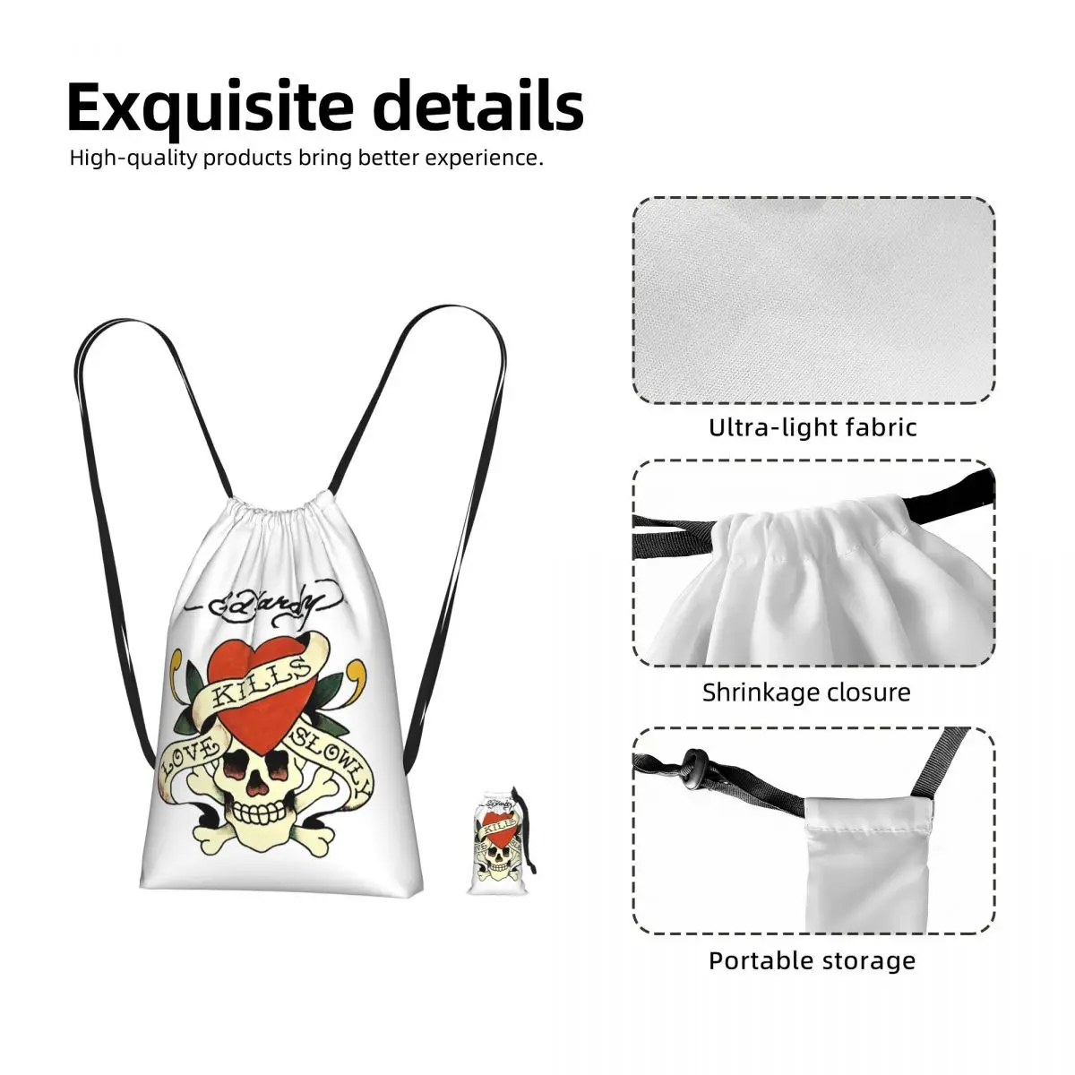 Ed Hardy Love Kills Slowly Drawstring Backpack Sports Gym Bag Portable Travel Drawstring Bag for Men Women