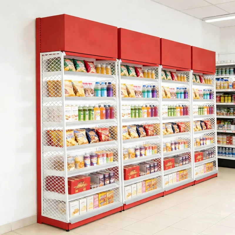 custom.Factory-made Single-Sided Metal Grid Supermarket Racks Exclusive Advertising Area Cold-Rolled Steel Light Duty Freestandi