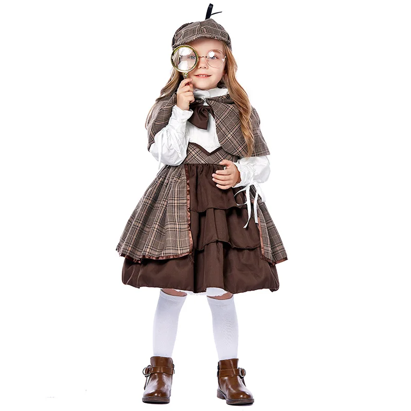 

Halloween British College Style Cosplay Detective Costume Cute Lolita Dress with Cape Glasses Dress Show Party Carnival Stage