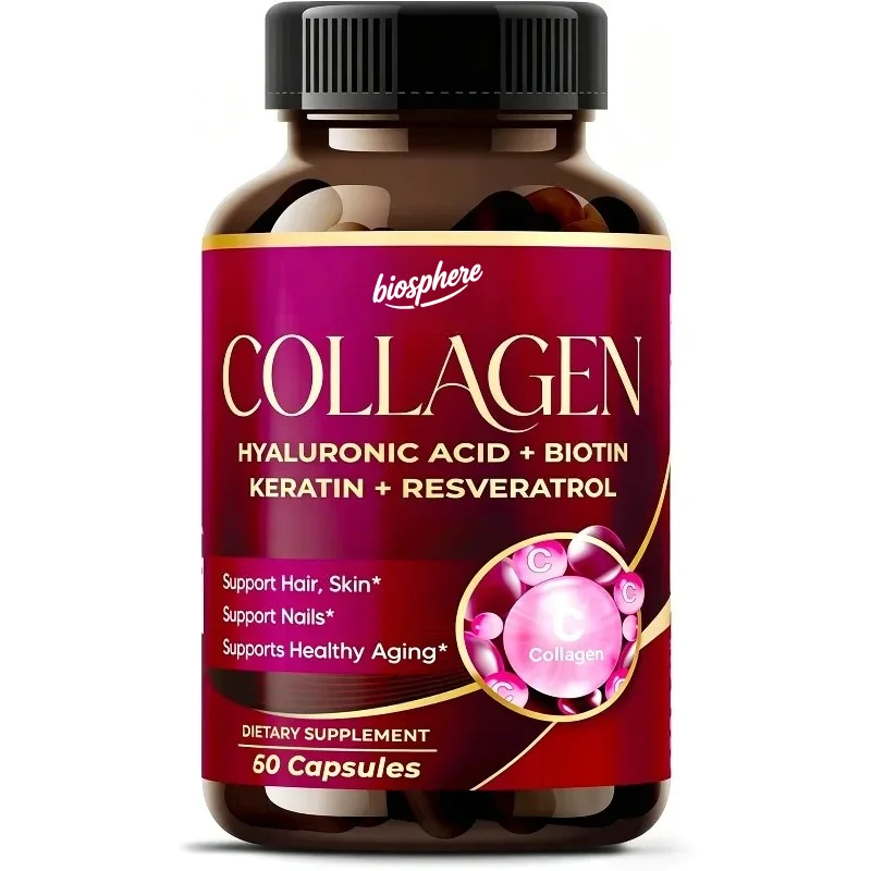 

Organic collagen capsule 6419mg, containing hyaluronic acid, biotin, keratin, resveratrol - hair, skin, nail health support