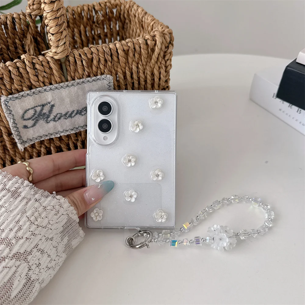 Cute Glitter Clear 3D White Flower Phone Case For Samsung Galaxy Z Fold8 Protective Cover With Crystal Beaded Wrist Chain