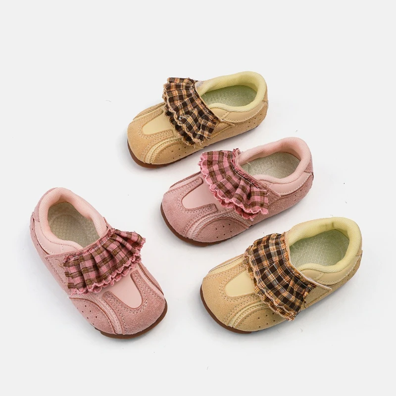 Toddler Girls Sneakers Plaid Ruffle Strap Children School Causal Shoes Suede Non Slip Sole Kids Fashion Walking Shoes Hook Loop