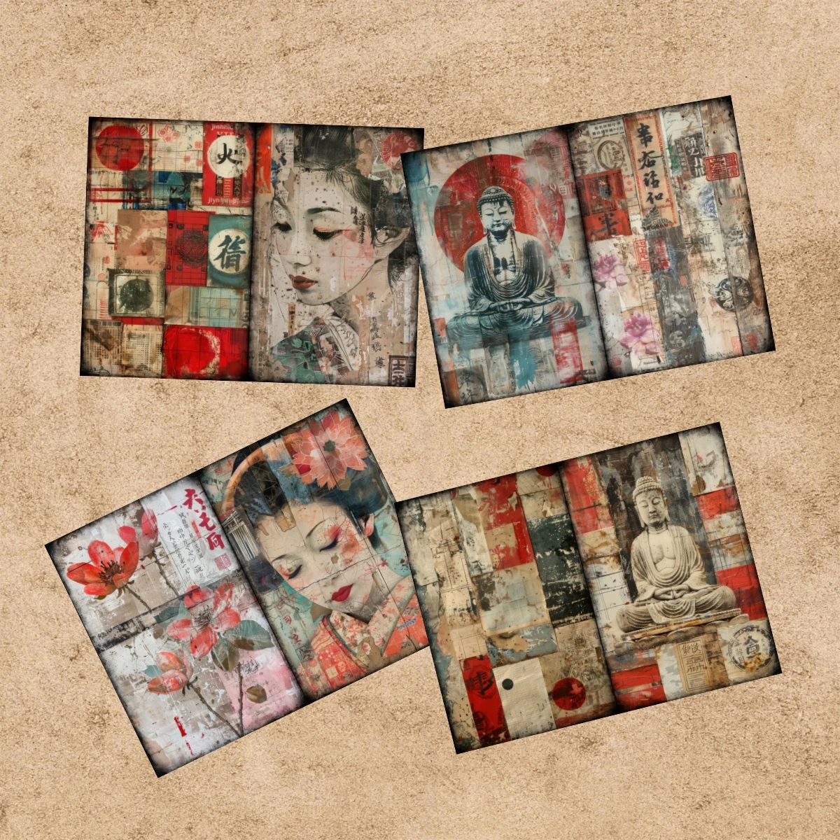 10 Sheets A5 Size Retro Distressed Japanese Geisha Buddha Statue Background Vintage Grunge Journal Planning Scrapbooking