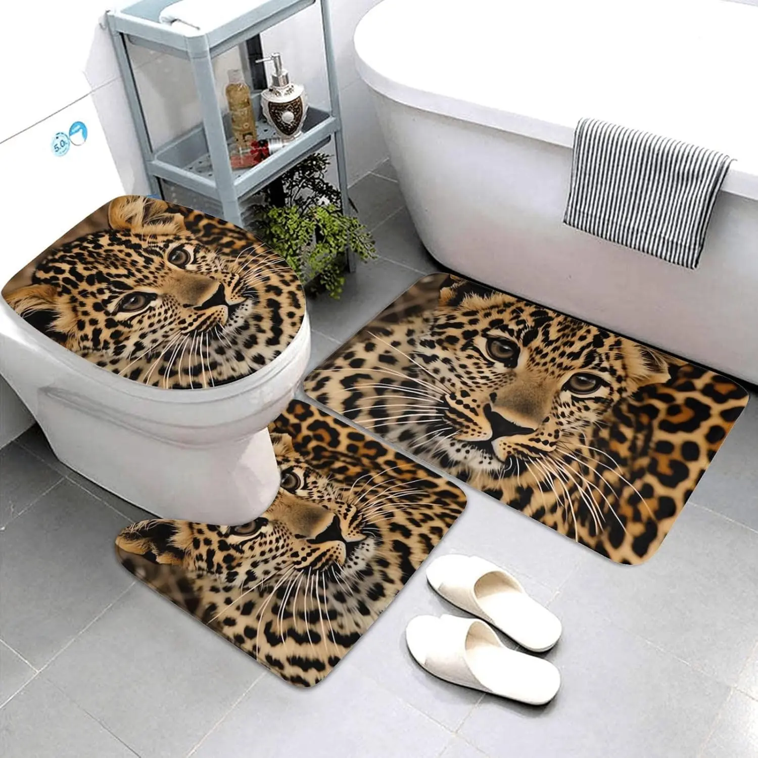 Cute Leopard Bathroom Rugs Sets 3 Piece, Soft Absorbent Microfiber Bath Mats U-Shaped Contour Toilet Rug Toilet Lid Cover Set