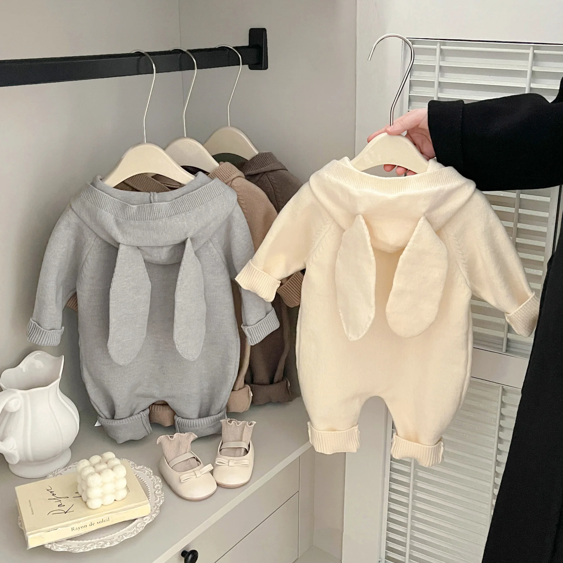 

Autumn Winter Newborn Boys Girls Rabbit Ear Jumpsuit Solid Color Knitted Hooded Baby Jumpsuit Children's Costume 0-1 Years