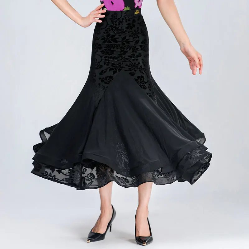 Doubl Ballroom Dance Moden Skirt New Half Skirt Women's High-end Burn Flower Half Skirt Waltz Skirt