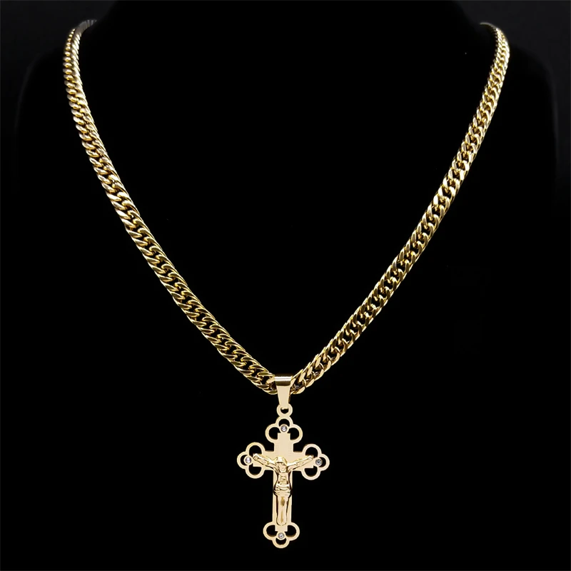 Hip Hop Kreuz Jesus Kreuzigung Halskette für Männer Frauen Gold Farbe Edelstahl Cuban Link Kette Punk Rock Männlichen Schmuck N8242S – Detail 8