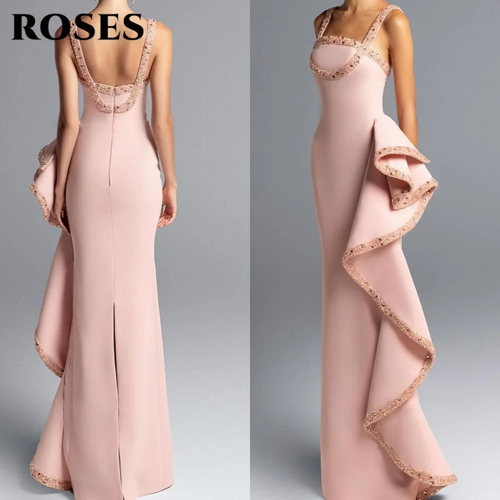 

ROSES Light Pink Prom Dresses Chic Square Neckline Sleeveless Formal Gown with Beaded Trim And Asymmetric Ruffle Customized