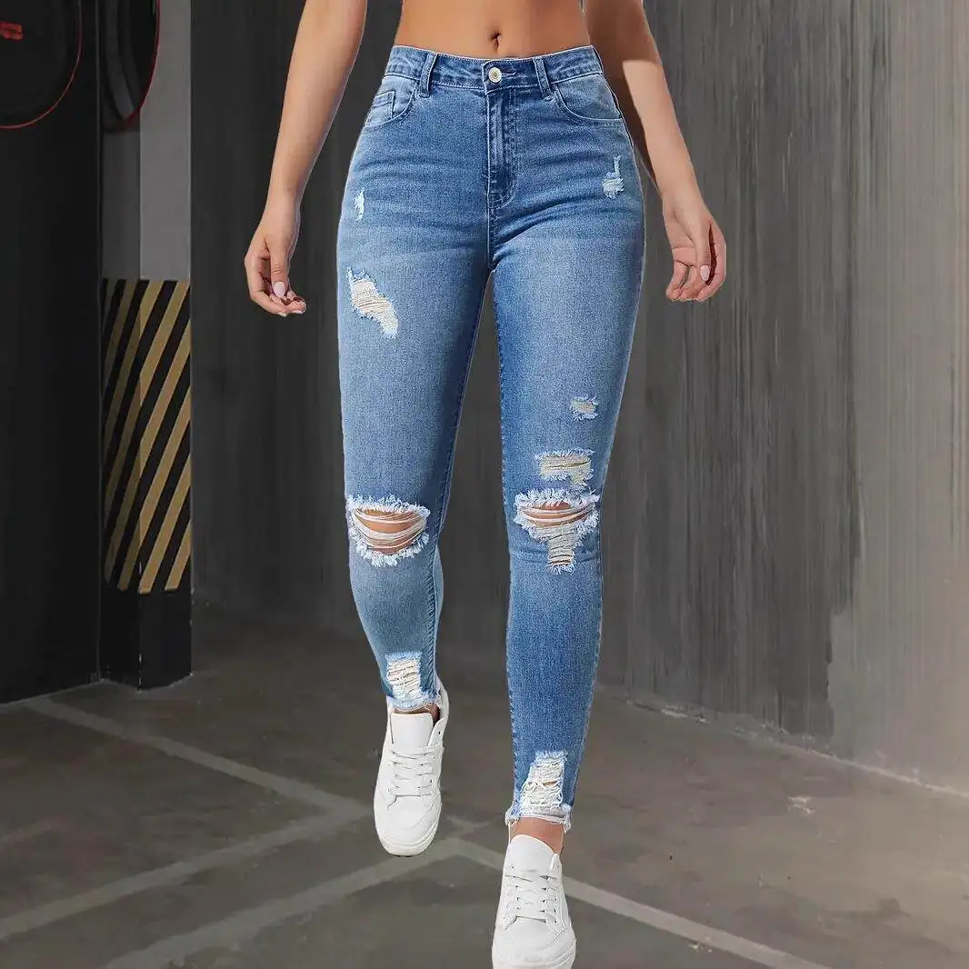 Fashionable Elastic Slim Fit Ladies Jeans Hole Design Long Pants Women's Stretchy Slimming Capri Length Autumn Season Style view 2
