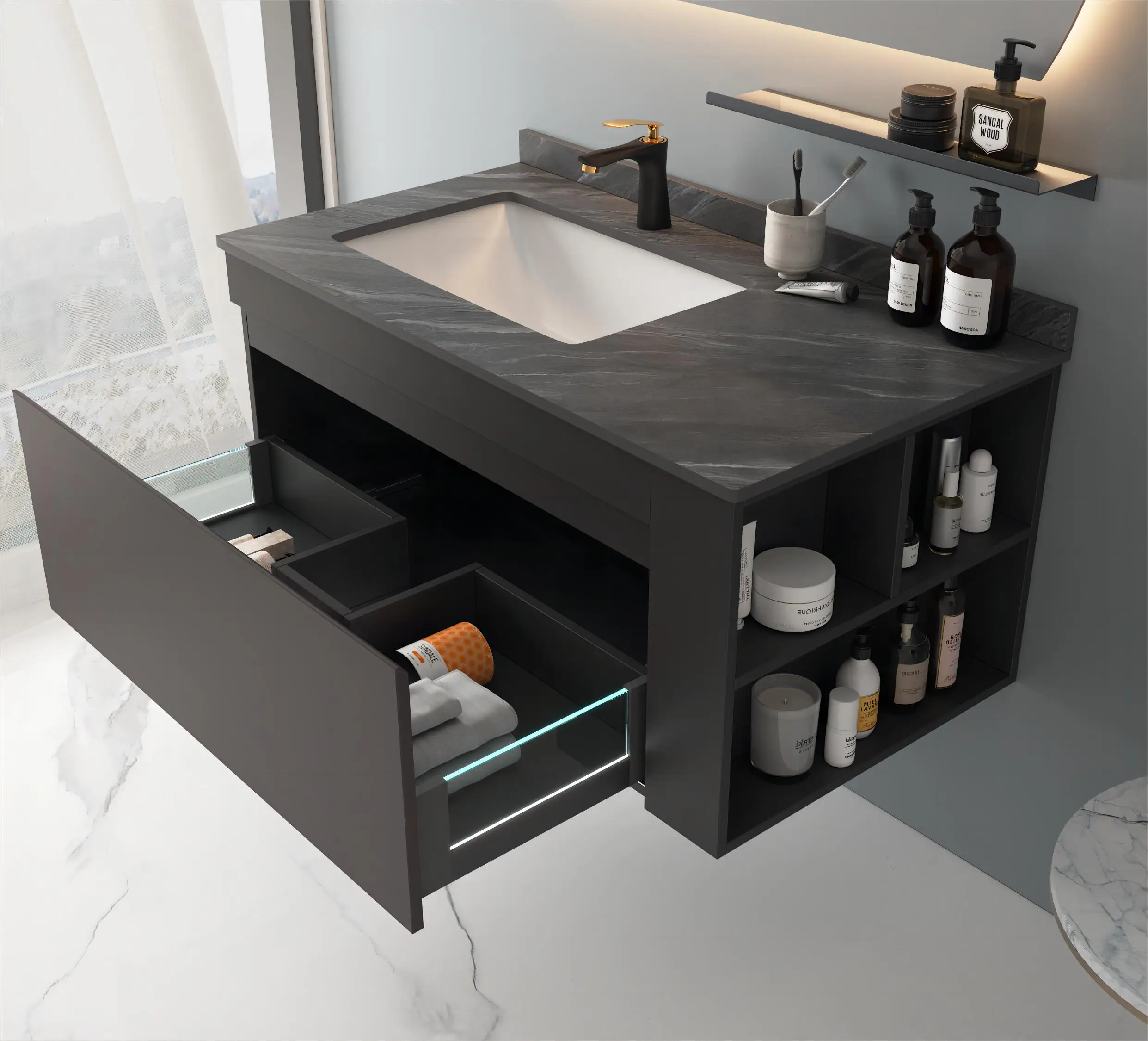 Wooden New Wholesale Popular Style Custom Bathroom Solid Modern Hotel Bathroom Vanity Cabinet Plywood with Led Light SIMU CN;GUA