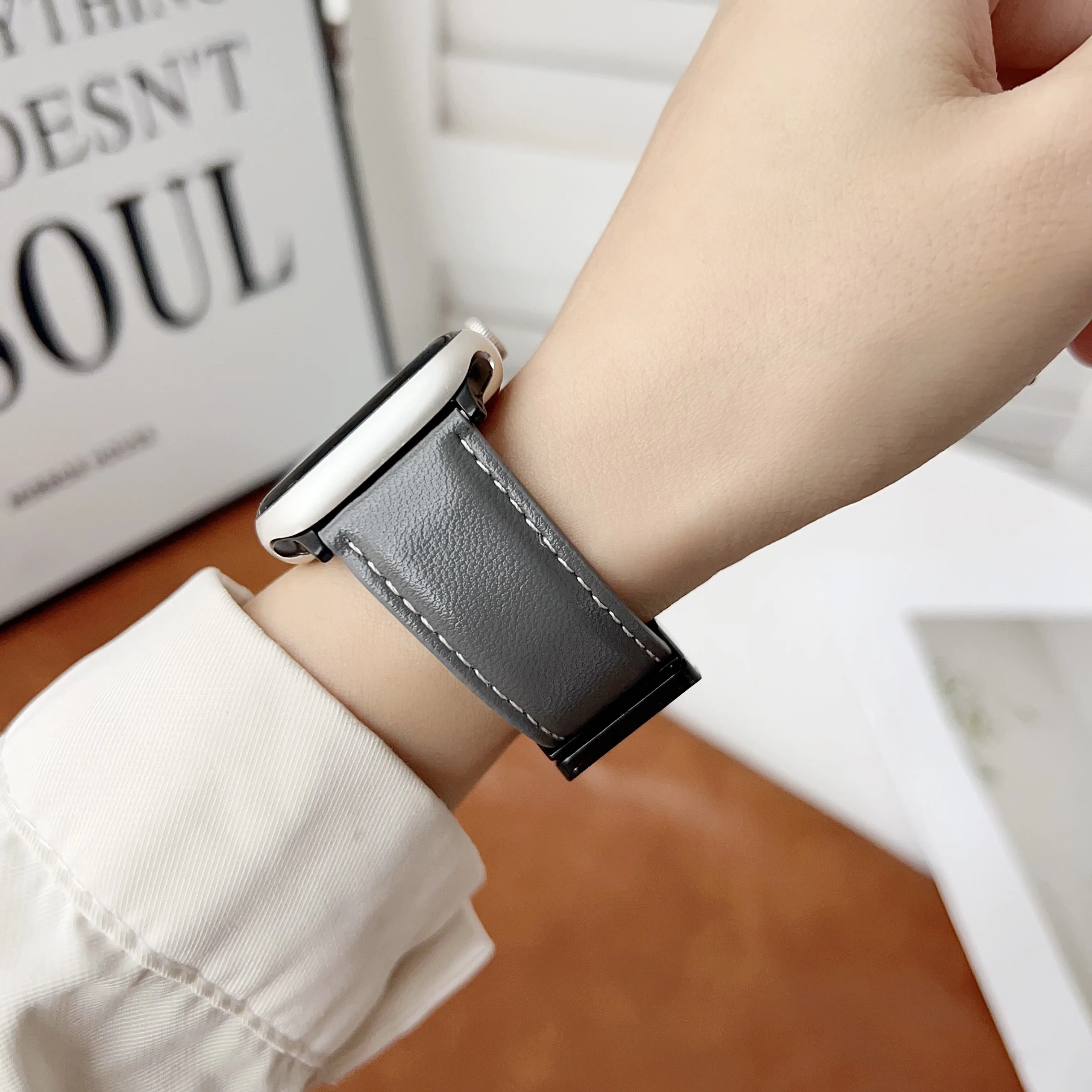Soft Magnetic Clasp Double-Sided Napa Leather Watch Band, Unisex Vintage Premium Faux Leather Strap Compatible with Apple Watch