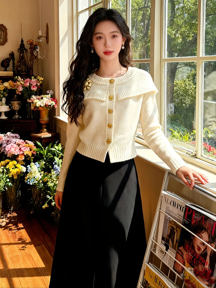 

Elegant Knitted round Neck Open Cardigan Women's Fashion Autumn Winter Short Length High Waist Midi Skirt Two Piece Set
