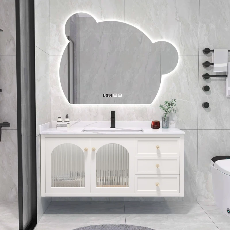 70-150cm Slate Bathroom Furniture Vanity Cabinet With Sink Cute Bear Mirror Integrated Solid Wood Style Cabinet Companion Wash