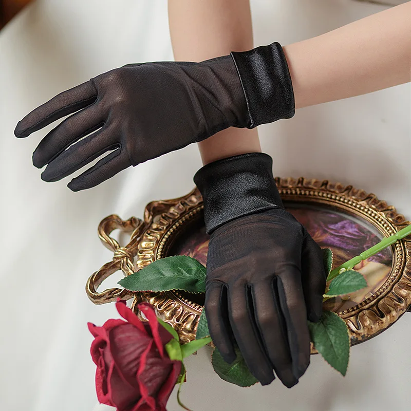 Fashion Elegant Satin Wrist Elastic Mesh Women Short Gloves Tulle White Black Bridal Wedding Banquet Drive Etiquette Mittens