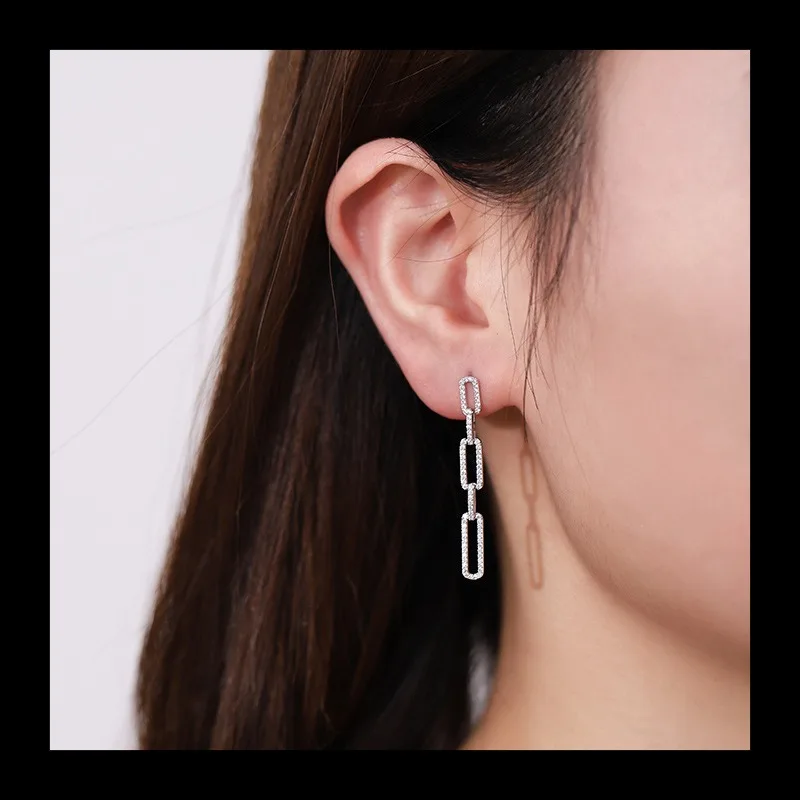 النسخة الكورية من أقراط الزركونيوم المصنوعة من الفضة الإسترليني ذات المزاج البسيط للنساء، دائرة مجوفة هندسية طويلة مهدب