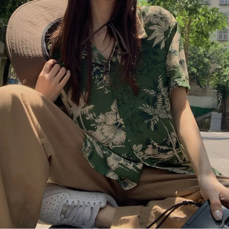 Deeptown Hawaiian Vintage Short Sleeve Shirts Y2k Youthful Woman Korean Style Blouses Stylish Harajuku Fashion Female Top Summer