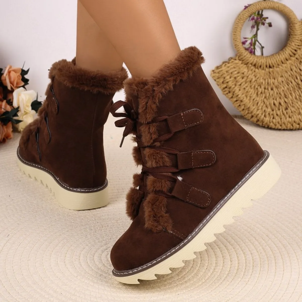 Botas de nieve gruesas y cálidas para mujer, zapatos antideslizantes con plataforma y cordones, informales y cómodos para exteriores, Invierno