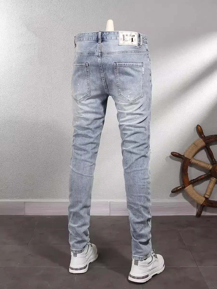 Street Fashion Men Jeans Retro Light Blue Stretch Elastic Slim Fit Ripped Jeans Men Patched Designer Vintage Denim Pants Hombre
