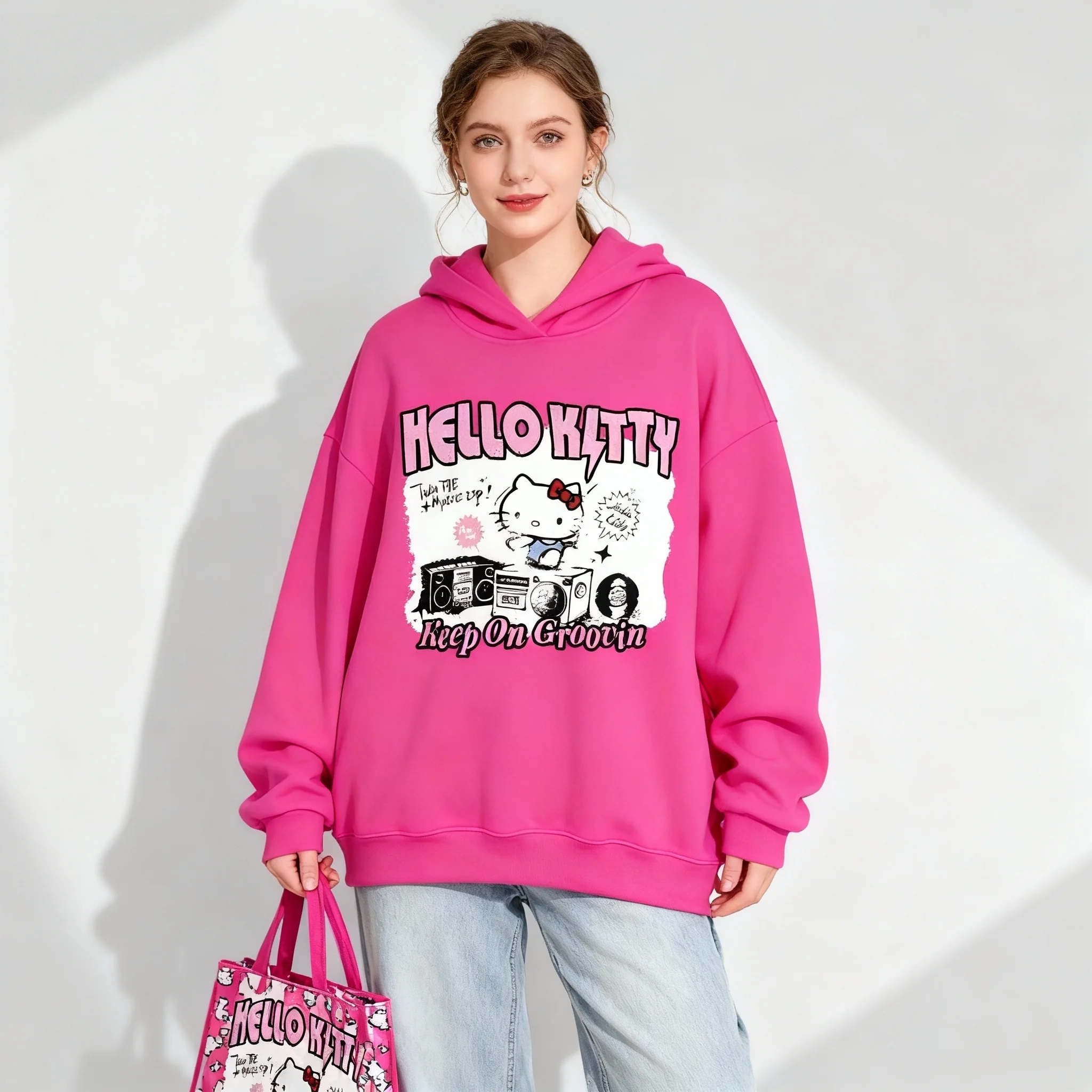 25/26 سلسلة عائلة سانريو الجديدة مرحبا كيتي الحلو كول العصرية الشارع الخريف/الشتاء هوديي حجم كبير المرأة الكبار