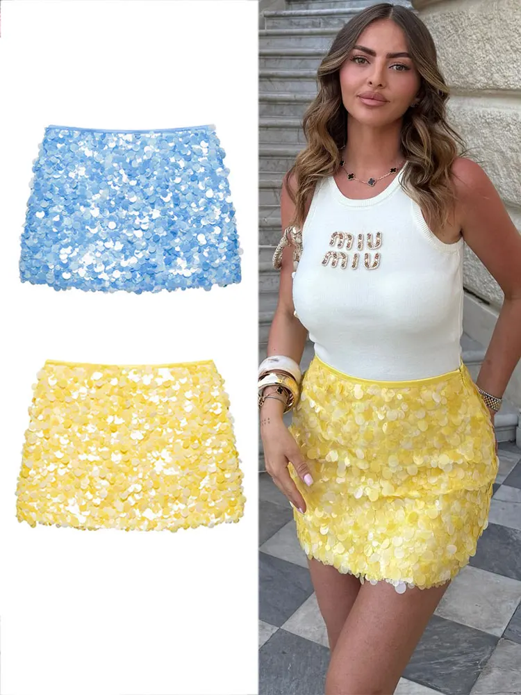 HH Women Fashion Yellow Sequin Mini Skirts Side Zipper High Waist A Line Skirt Summer Sexy Lady Elegant Club Party Skirts
