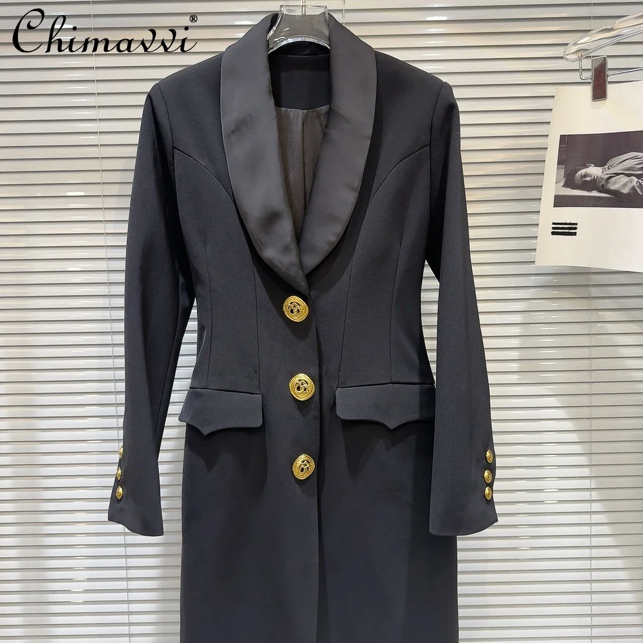 2024 Autumn Clothe New High-end Fashion Temperament Big Metal Buckle Long Coat Commuter Slim Suit Collar Trench Coats Women