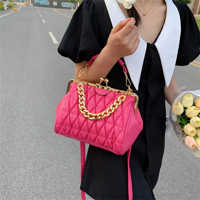 Elegant Women Shoulder Bags Beige Blue Messenger Bag Brand Designer Thick Chain Sling Bag PU Leather Fold Evening Clutch Clip