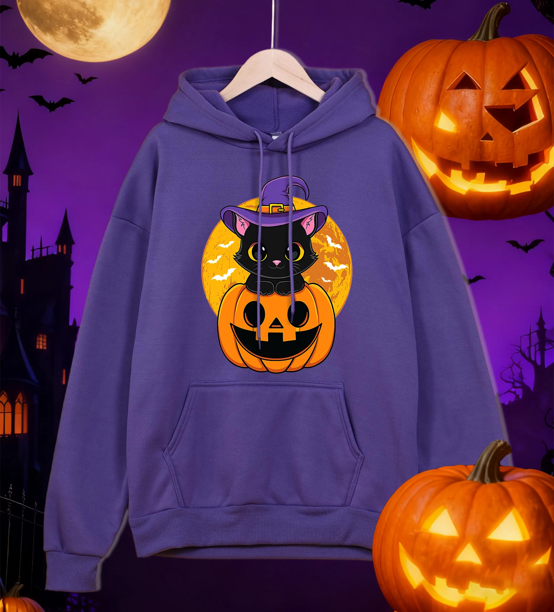 هالوين لطيف هريرة واليقطين الطباعة الرجال هودي المتضخم كنزة بغطاء رأس من الصوف الخريف الملابس جيب غير رسمي الذكور الرياضية