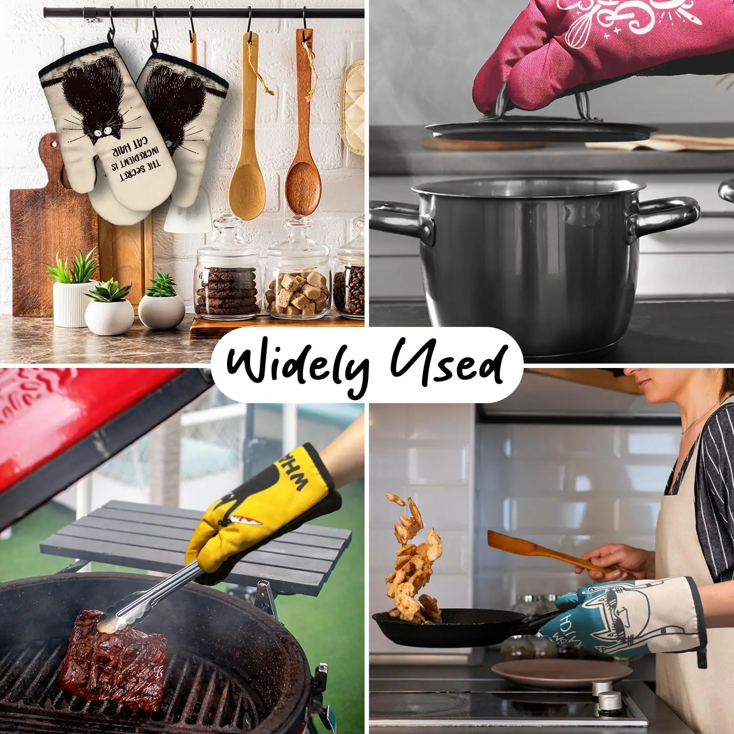 The Secret Ingredient is Cat Hair Funny Black Cat Oven Mitts with Hanging Loop Non-Slip, Cute Cat Baking Kitchen
