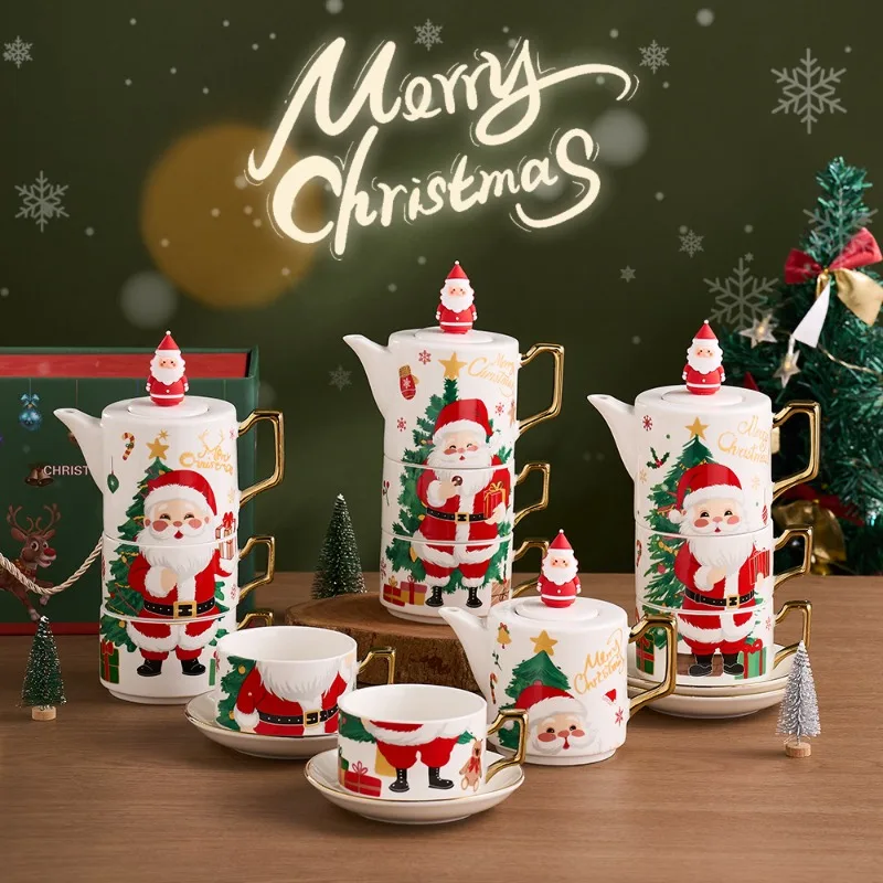 

Christmas Gold Plated Tea Set - Ceramic Teapot with Two Matching Cups, Special Holiday Gift Box Collection, Limited Edition