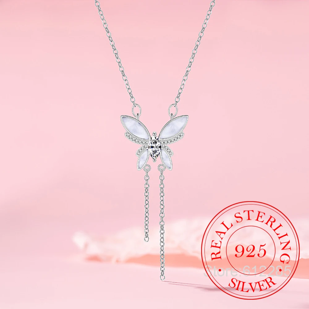 

925 Sterling Silver Jewelry Luxury Crystal Butterfly Long Tassel Pendant Necklace for Women Homme Luxury Wedding Party Gift