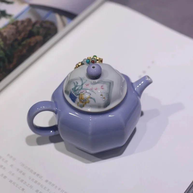 Purple Underglaze Hand Painted Orchid Bafang Teapot Jingdezhen Handmade Tea Pot Pot Holder Ball Hole Filter Kun Fu Teapot Teacup
