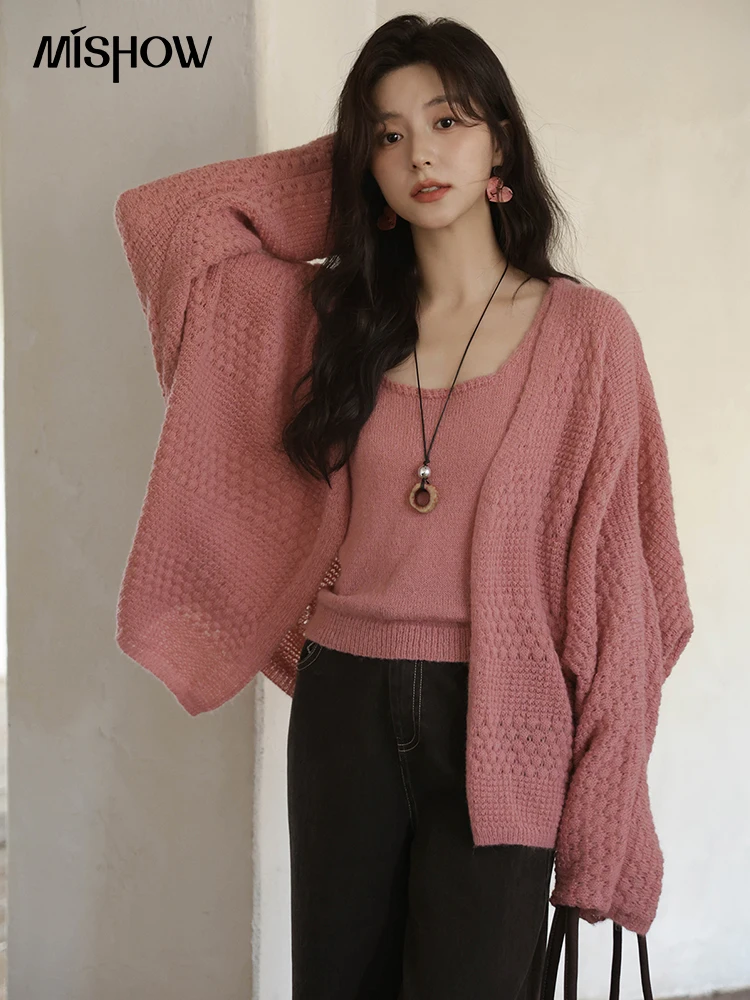 MISHOW femmes rose tricot deux pièces ensemble 2025 automne doux manches longues Cardigan avec gilet décontracté femmes vêtements ensemble MXE44T0737