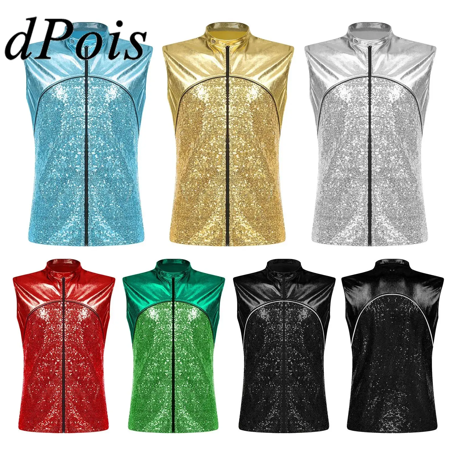 

Fashion Mens Glittery Sequins Vests Sleeveless Jacket Metallic Zip-up Vest for Hiphop Music Festival Costume Rave Clubwear