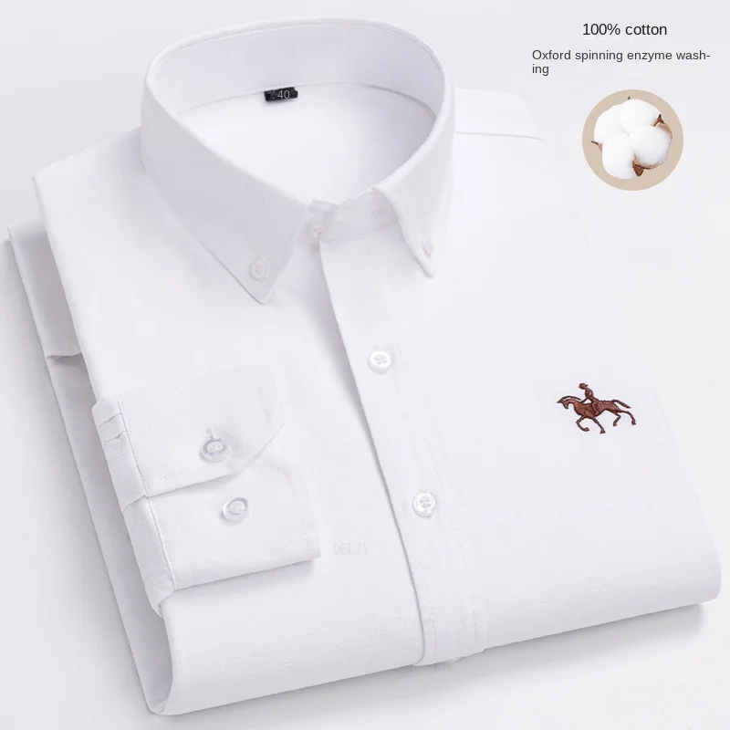 2024 Men Shirt Floral Long Sleeve Casual 100% Cotton Oxford Man Leisure Embroidered Horse Shirts Streetwear Oversized Plus Size