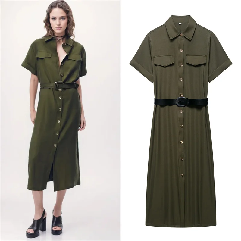 

2025 Women's Summer Dress New Style Army Green Short Sleeve Midi Dress with Belt Decoration Casual Fashion Personalized