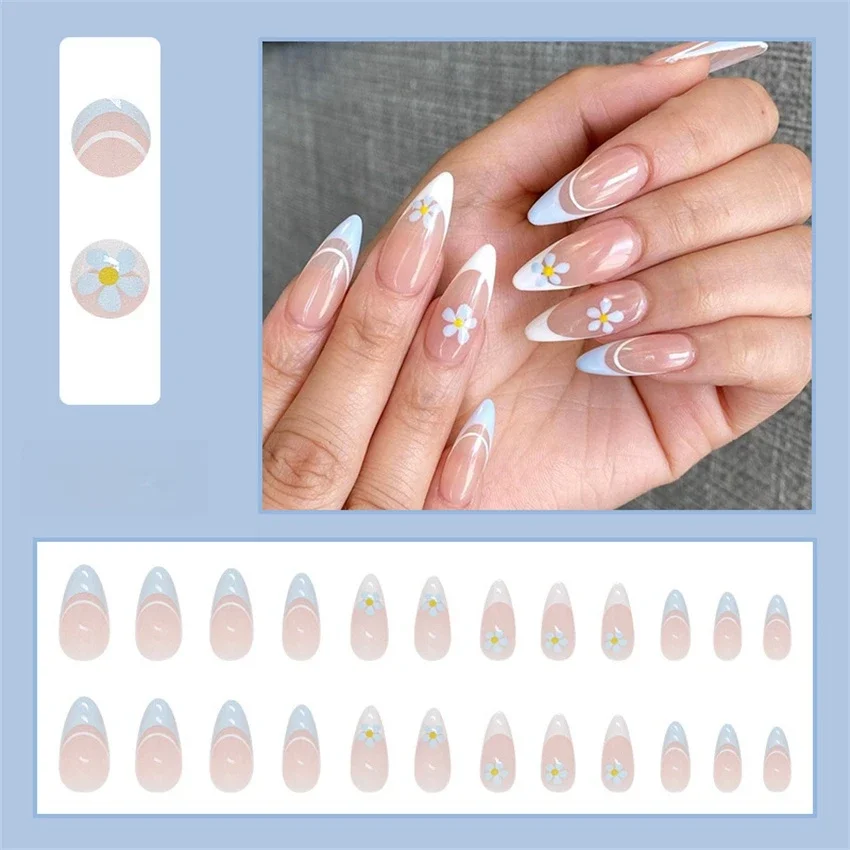 24 pçs/set fresco pequena flor bonito branco vestindo unhas falsas moda francesa amêndoa imprensa em unhas adesivos acrílico dicas de unhas falsas