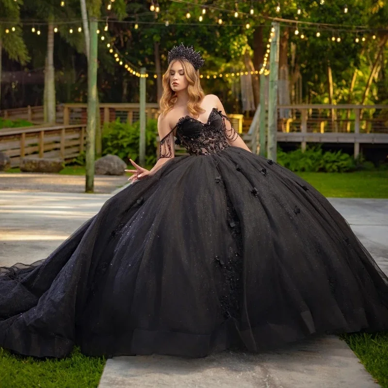 ANGELSBRIDEP Black Quinceanera Dresses Off Shoulder Applique Lace Beading Tull Vestidos De 15 Anos Birthday Party Customized