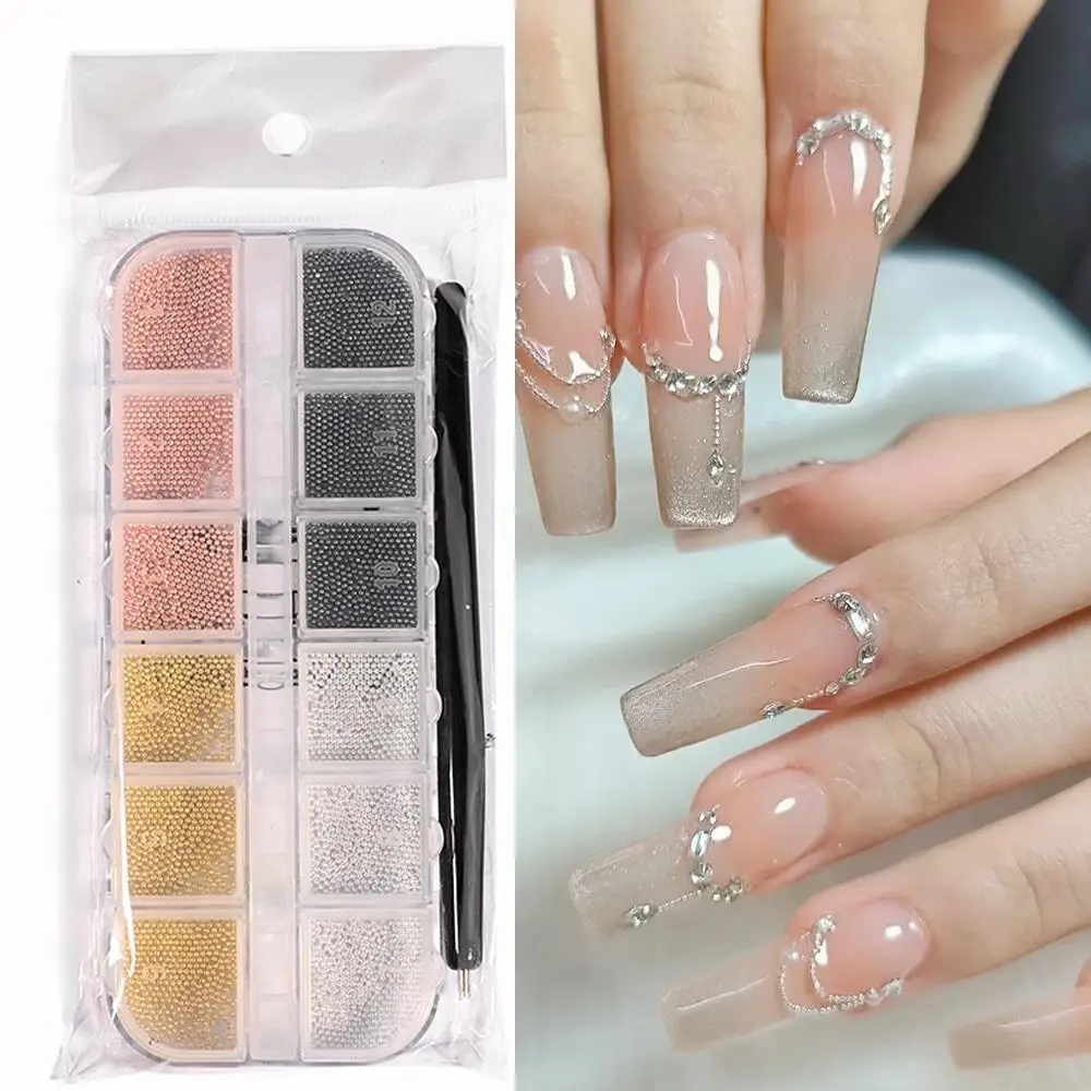 12 Gitter 3D-Mix-Farb-Mini-Kaviarperlen Nagel-Charms + 1 Stück Magnetstift 0,8-3mm Kugeln Nageldekorationen DIY Bastelzubehör Maniküre-Accessoires