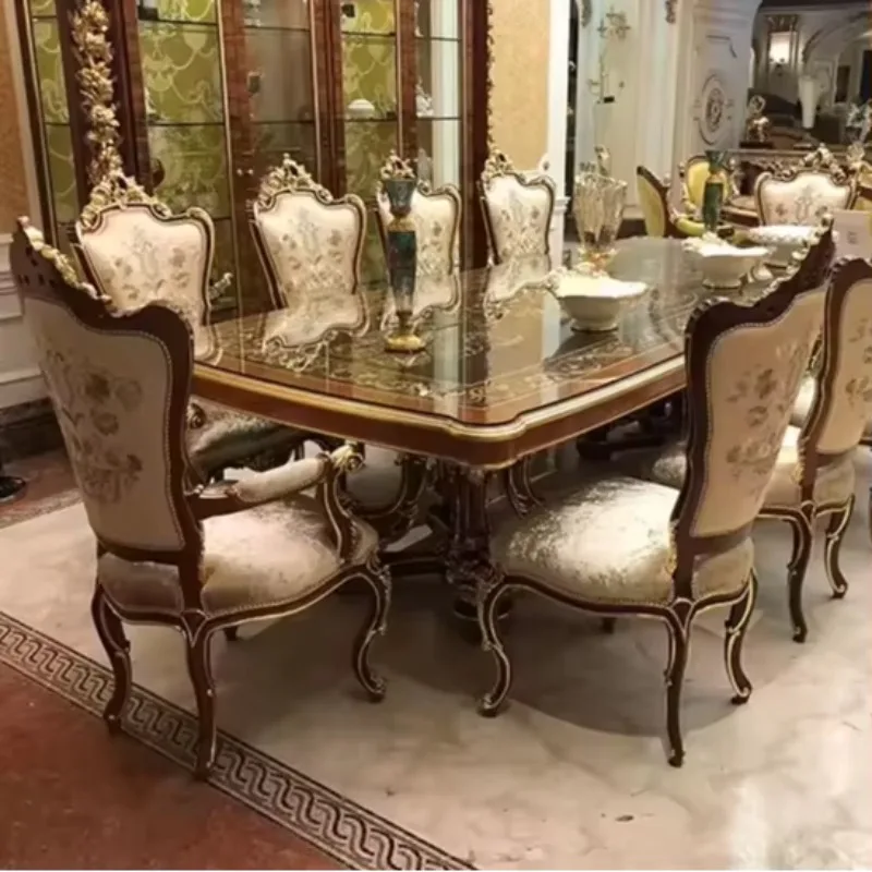 Luxury European Style Solid Wood Carved French Palace Luxury Restaurant, Shell Mosaic Dining Table Villa Furniture Customization