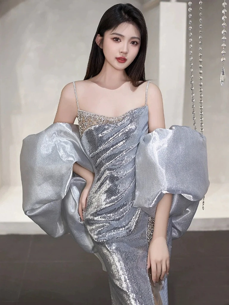 Silver Prom Dresses Spaghetti Strap Side Split Off the Shoulder Pleated Mermaid Beading Sequins Red Carpet Evening Gowns 2024