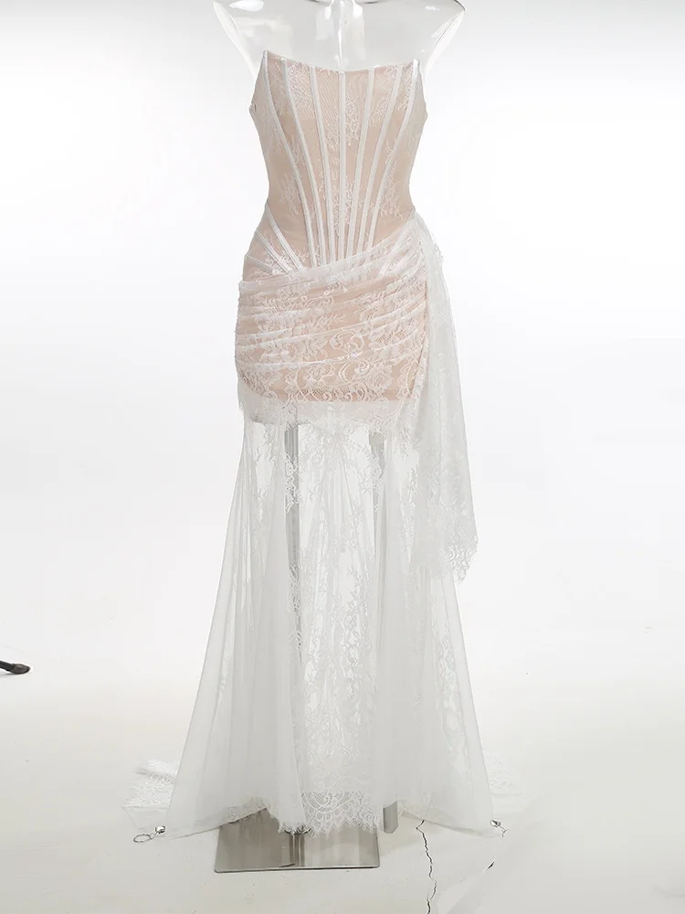 Abito da sposa da sposa senza spalline in pizzo trasparente illuminato al luna romantico VC per abito maxi da gala per feste